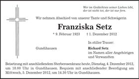 Traueranzeige Franziska Setz