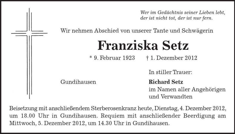 Traueranzeige Franziska Setz