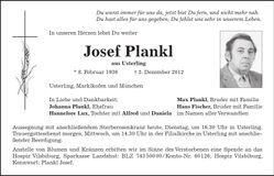 Traueranzeige Josef Plankl