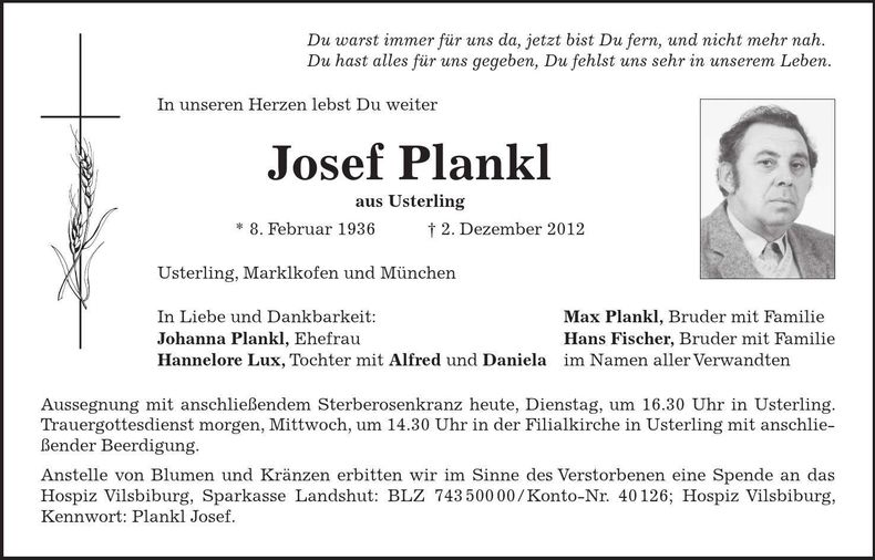 Traueranzeige Josef Plankl