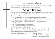 Traueranzeige Xaver Huber