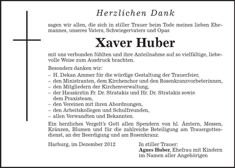 Traueranzeige Xaver Huber