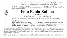 Traueranzeige Wilhelm Zollner