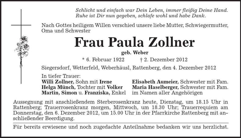 Traueranzeige Wilhelm Zollner