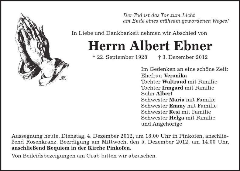 Traueranzeige Albert Ebner