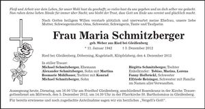 Traueranzeige Maria Schmitzberger