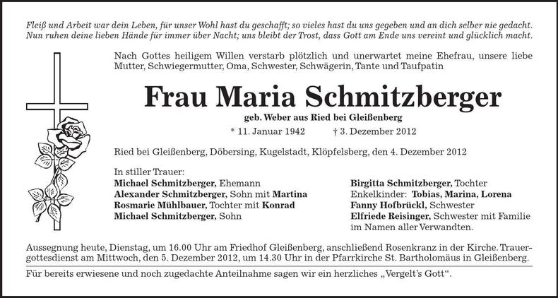 Traueranzeige Maria Schmitzberger