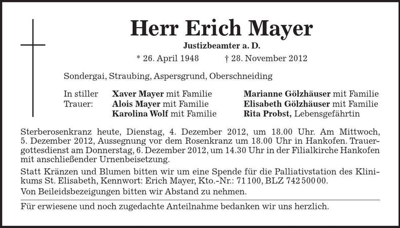 Traueranzeige Erich Mayer