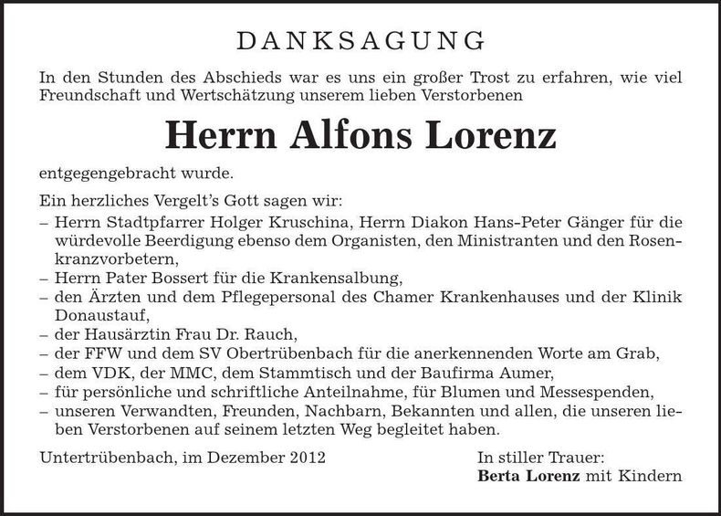 Traueranzeige Alfons Lorenz