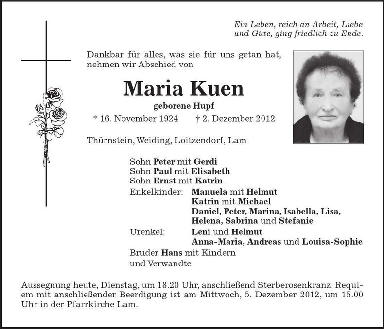 Traueranzeige Maria Kuen