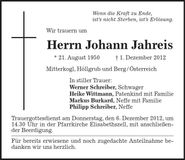 Traueranzeige Johann Jahreis