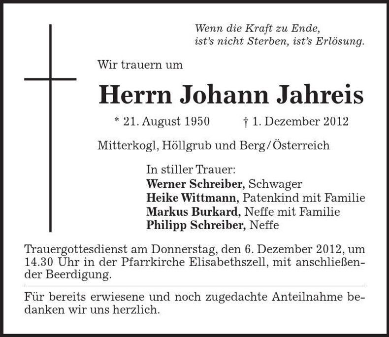 Traueranzeige Johann Jahreis