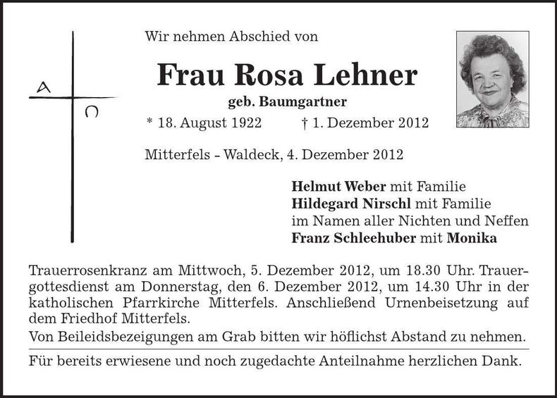 Traueranzeige Rosa Lehner