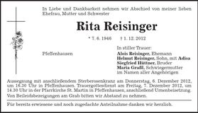 Traueranzeige Rita Reisinger