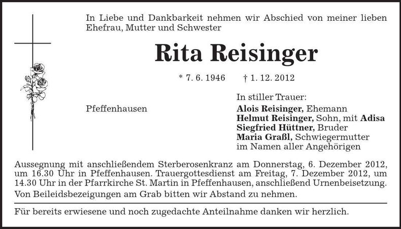 Traueranzeige Rita Reisinger