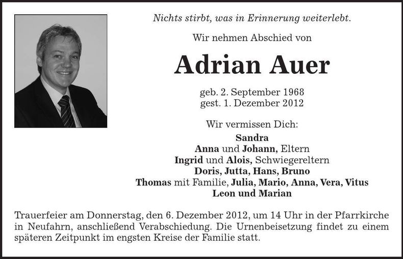 Traueranzeige Adrian Auer