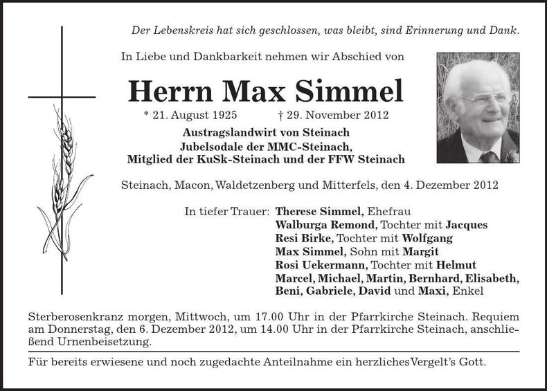 Traueranzeige Max Simmel