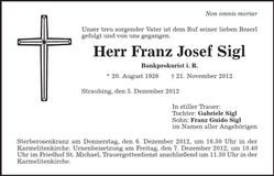Traueranzeige Franz Josef Sigl