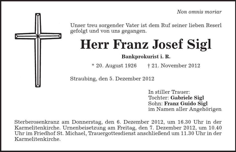 Traueranzeige Franz Josef Sigl