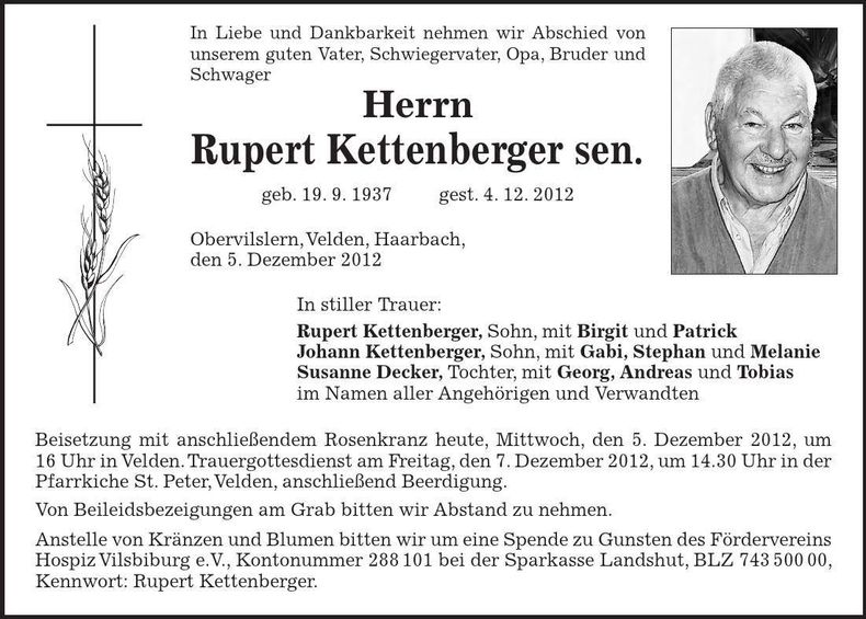 Traueranzeige Rupert Kettenberger