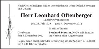 Traueranzeige Leonhard Offenberger