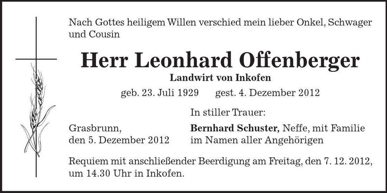Traueranzeige Leonhard Offenberger