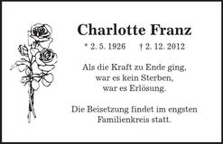 Traueranzeige Charlotte Franz