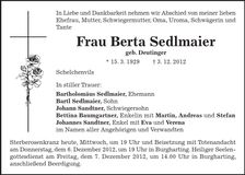 Traueranzeige Berta Sedlamier