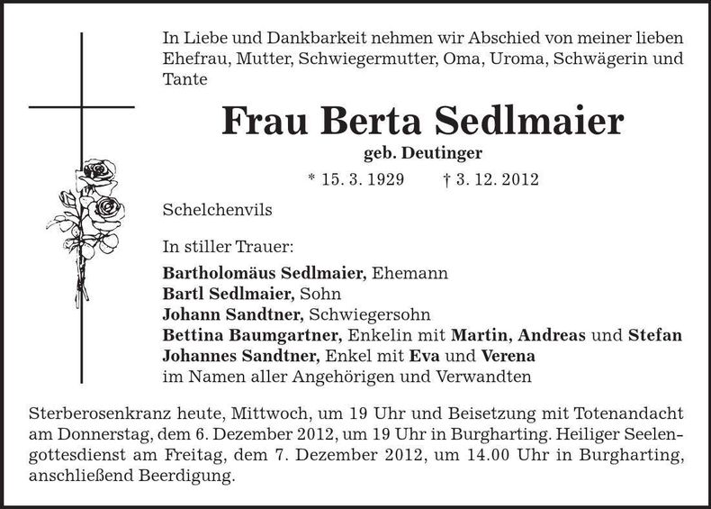 Traueranzeige Berta Sedlamier