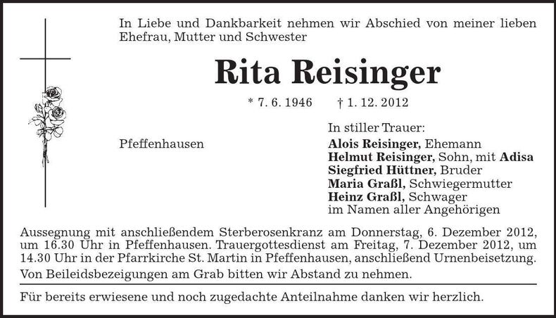 Traueranzeige Rita Reisinger