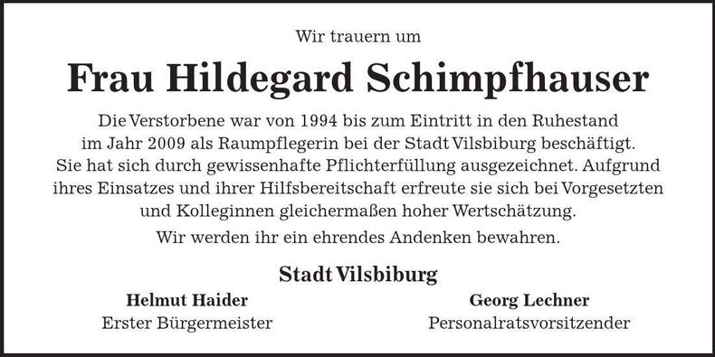 Traueranzeige Hildegard Schimpfhauser