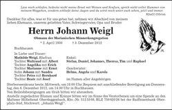 Traueranzeige Johann Weigl