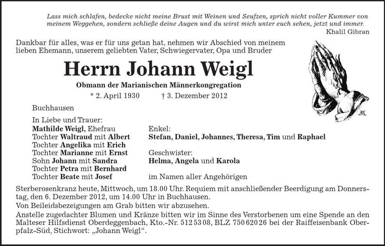 Traueranzeige Johann Weigl