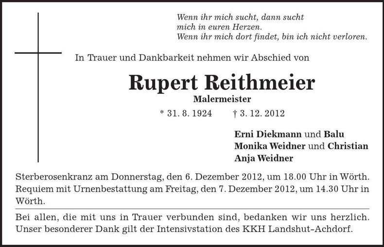 Traueranzeige Rupert Reithmeier