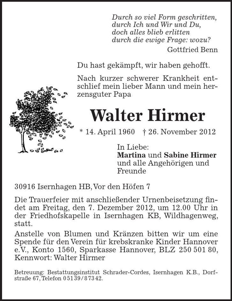 Traueranzeige Walter Hirmer