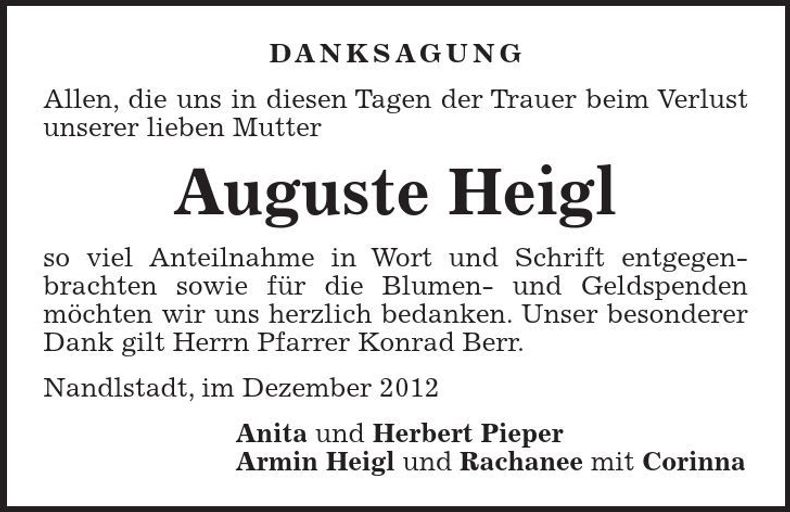 Traueranzeige Auguste Heigl