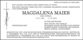 Traueranzeige Magdalena Maier