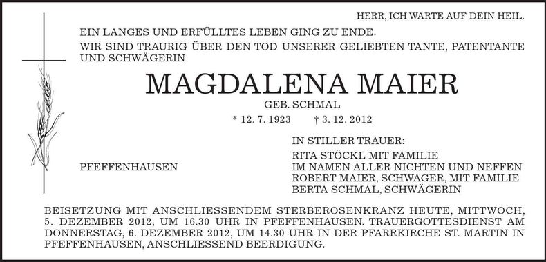 Traueranzeige Magdalena Maier