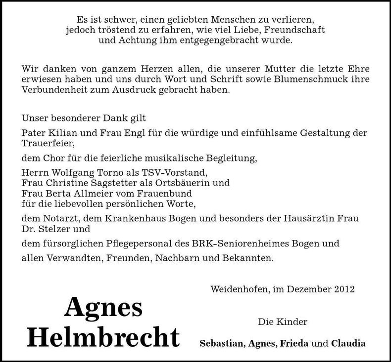 Traueranzeige Agnes Helmbrecht