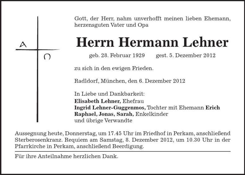 Traueranzeige Hermann Lehner