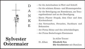 Traueranzeige Sylvester Ostermaier
