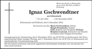 Traueranzeige Ignaz Gschwendtner