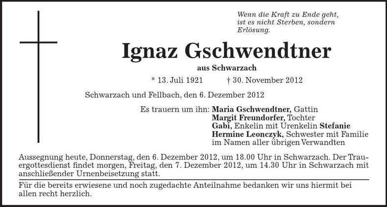 Traueranzeige Ignaz Gschwendtner