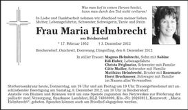 Traueranzeige Maria Helmbrecht