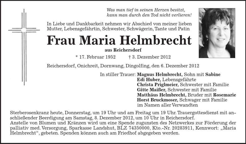 Traueranzeige Maria Helmbrecht
