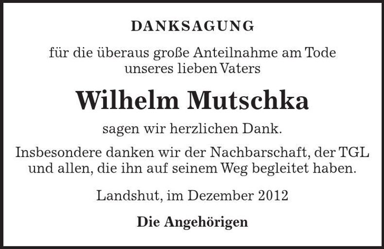 Traueranzeige Wilhelm Mutschka