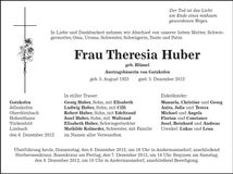 Traueranzeige Theresia Huber