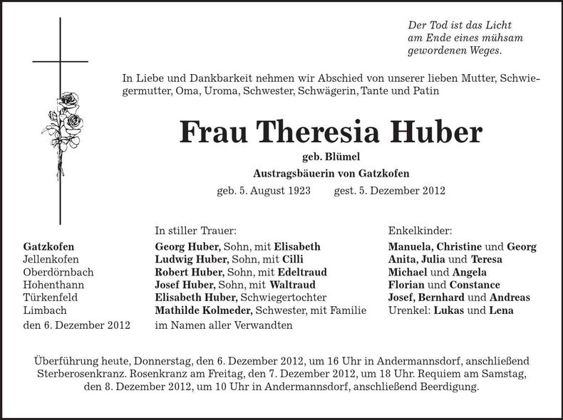 Traueranzeige Theresia Huber