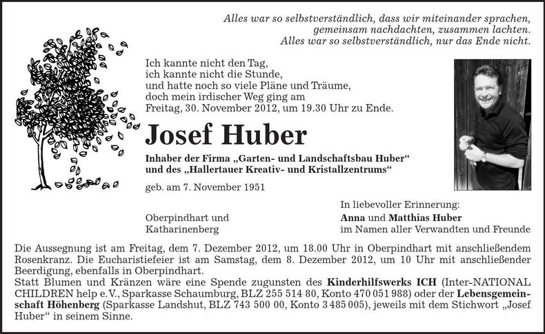 Traueranzeige Josef Huber