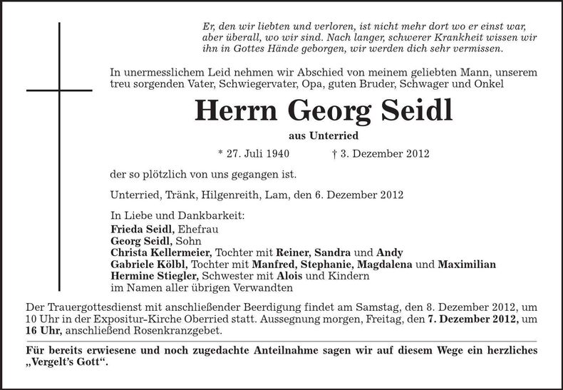 Traueranzeige Georg Seidl